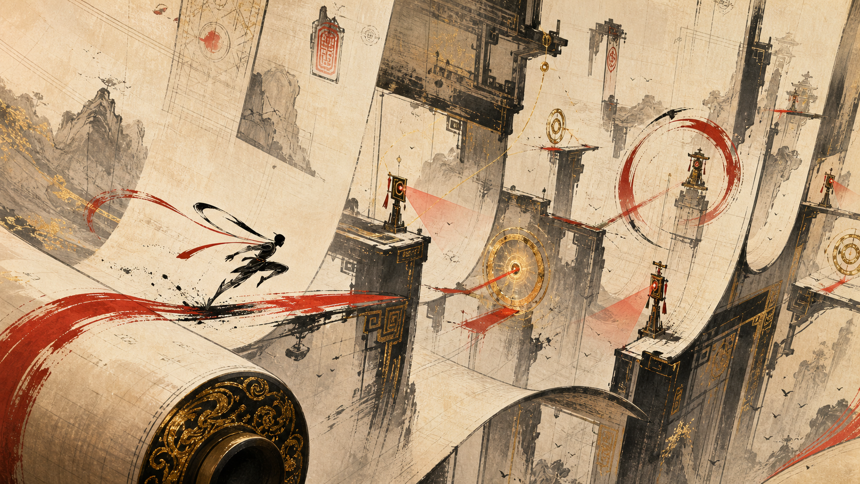 An ink courier bounds through a living paper architecture